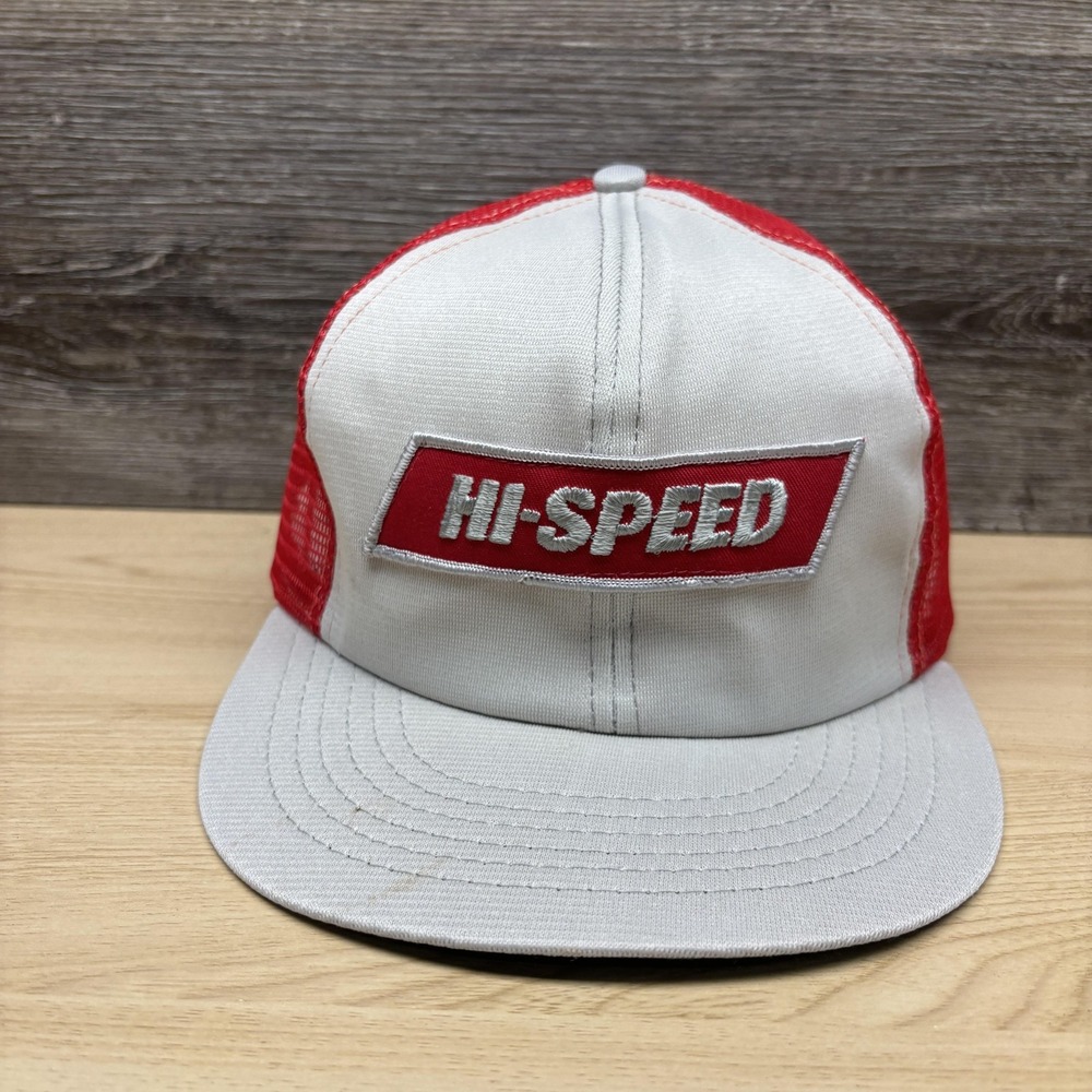 Vintage Hi-Speed Hat Cap Snap Back Mens Large Red White Mesh Trucker 80s